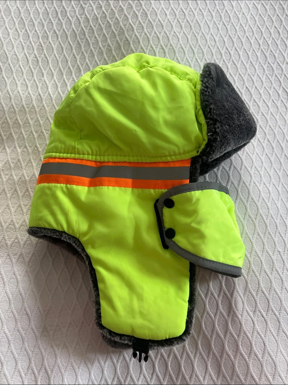 Style & Co. High-Visibility Trapper Hat in Neon Yellow with Orange & Gray Stripe